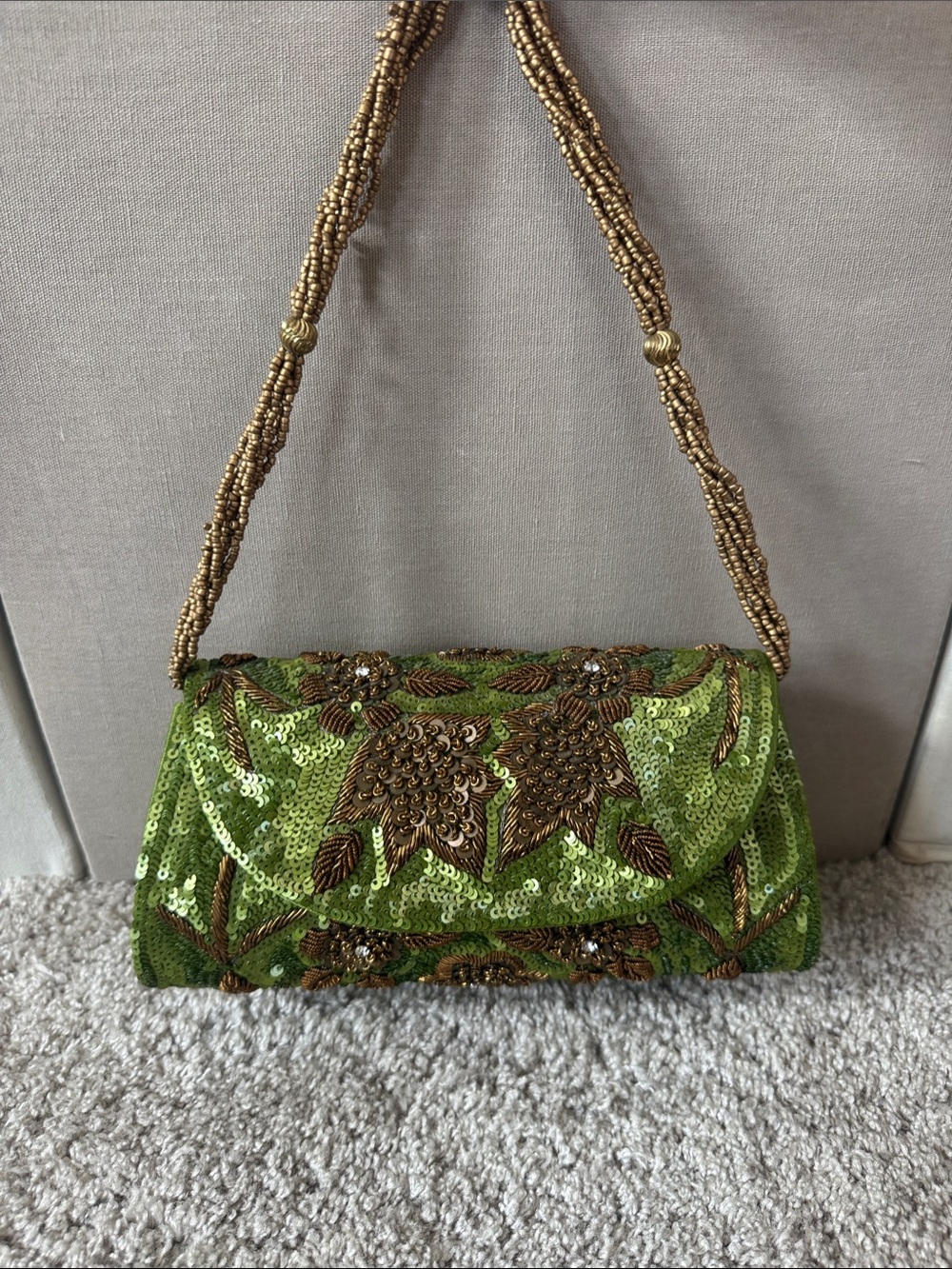 Regency Green Sequin Floral Evening Clutch with Beaded Strap - Picture 1 of 4
